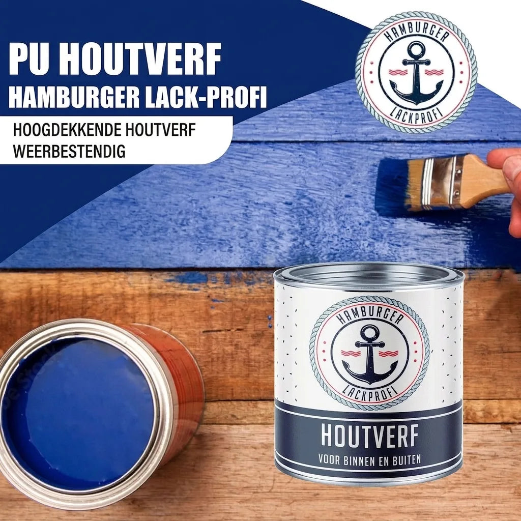 Blauwe PU houtverf van Hamburger Lackprofi. Dekkende, weerbestendige houtbescherming voor binnen en buiten.