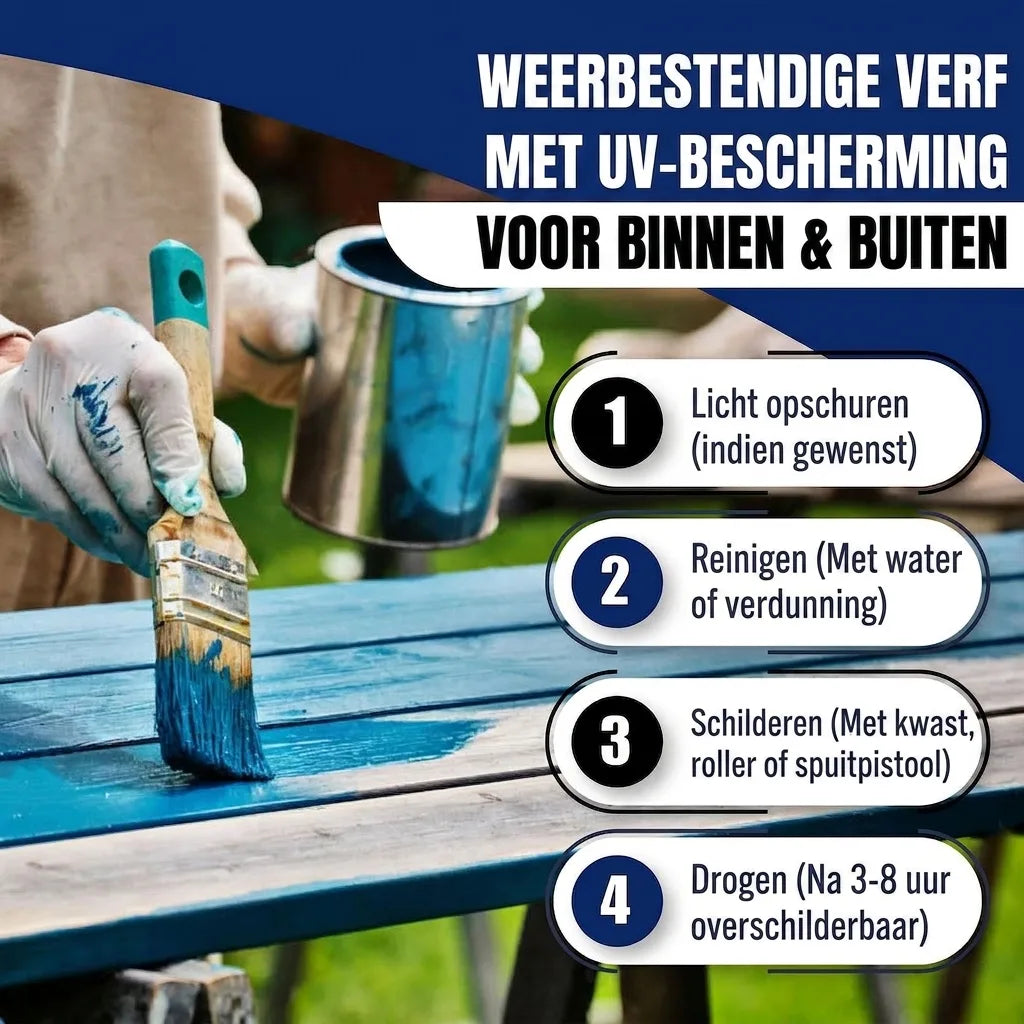 Weerbestendige verf met UV-bescherming voor binnen en buiten. Inclusief 4-staps handleiding voor aanbrengen.