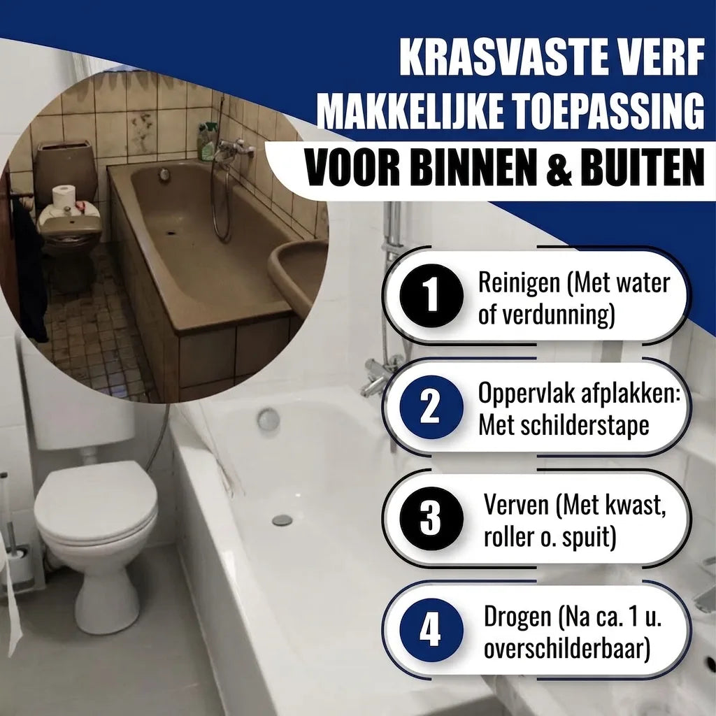 Voor/na badkuiprenovatie met krasvaste verf. Eenvoudige doe-het-zelf instructies voor binnen en buiten.