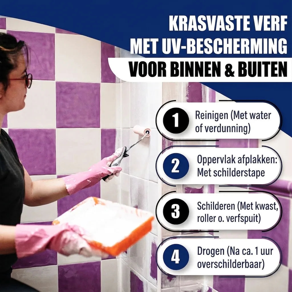 Vrouw schildert tegels met krasvaste, UV-bestendige verf voor binnen/buiten. Instructies: reinigen, afplakken, verven, drogen.
