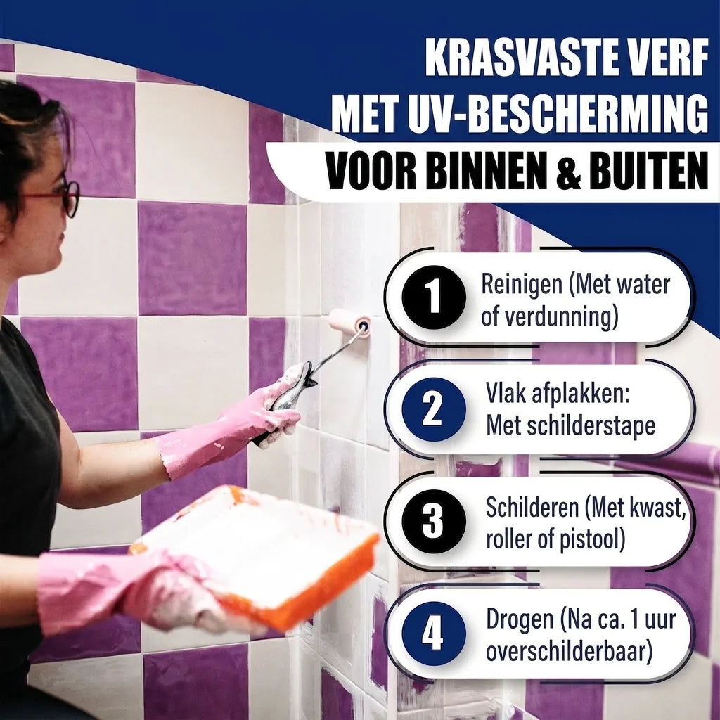 Vrouw schildert badkamertegels wit. Instructies voor krasbestendige verf met UV-bescherming voor binnen en buiten.