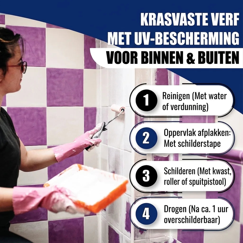 Vrouw schildert tegels met krasvaste, UV-bestendige verf voor binnen/buiten. Instructies: reinigen, afplakken, verven, drogen.
