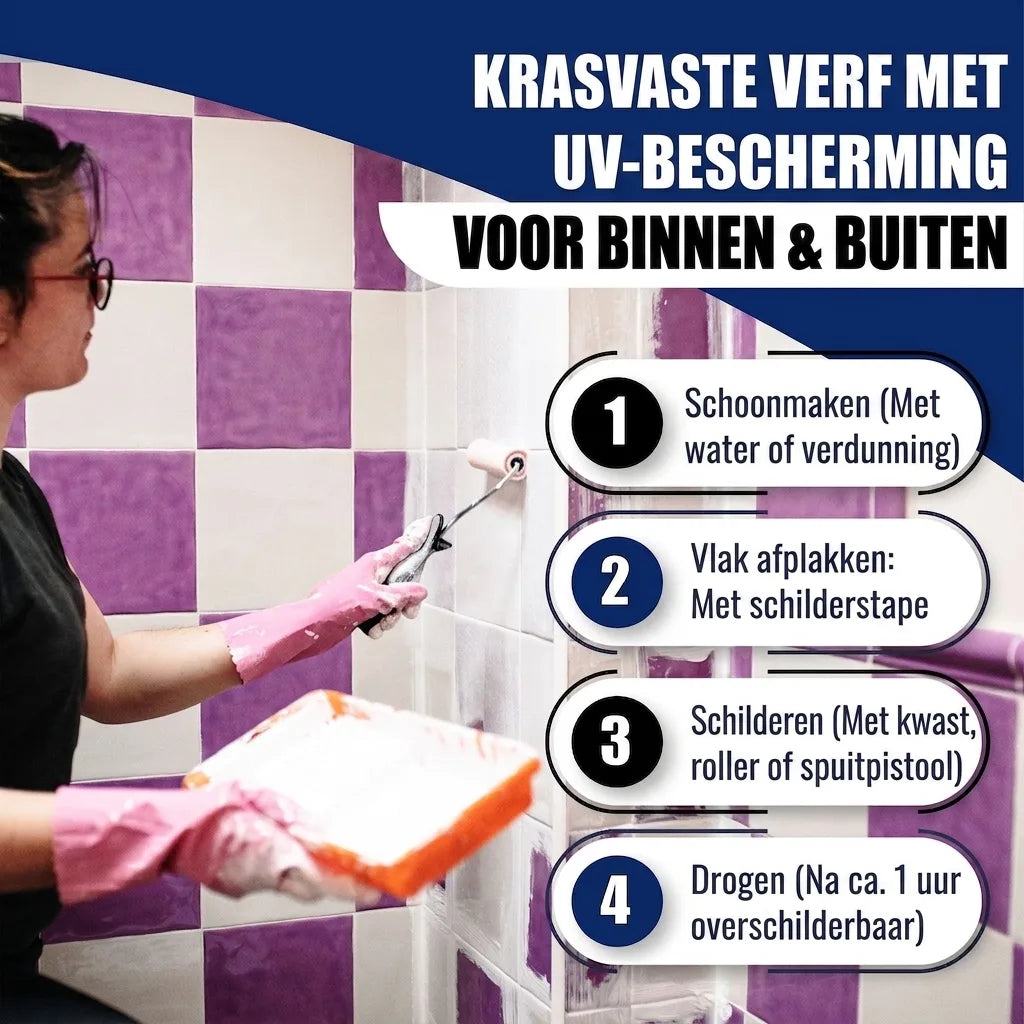 Vrouw schildert badkamertegels wit. Instructies voor krasbestendige verf met UV-bescherming voor binnen en buiten.