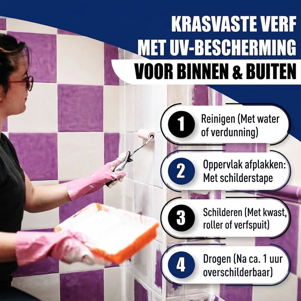 Vrouw schildert tegels met krasbestendige verf met UV-bescherming, met 4 stappen instructies voor binnen & buiten.