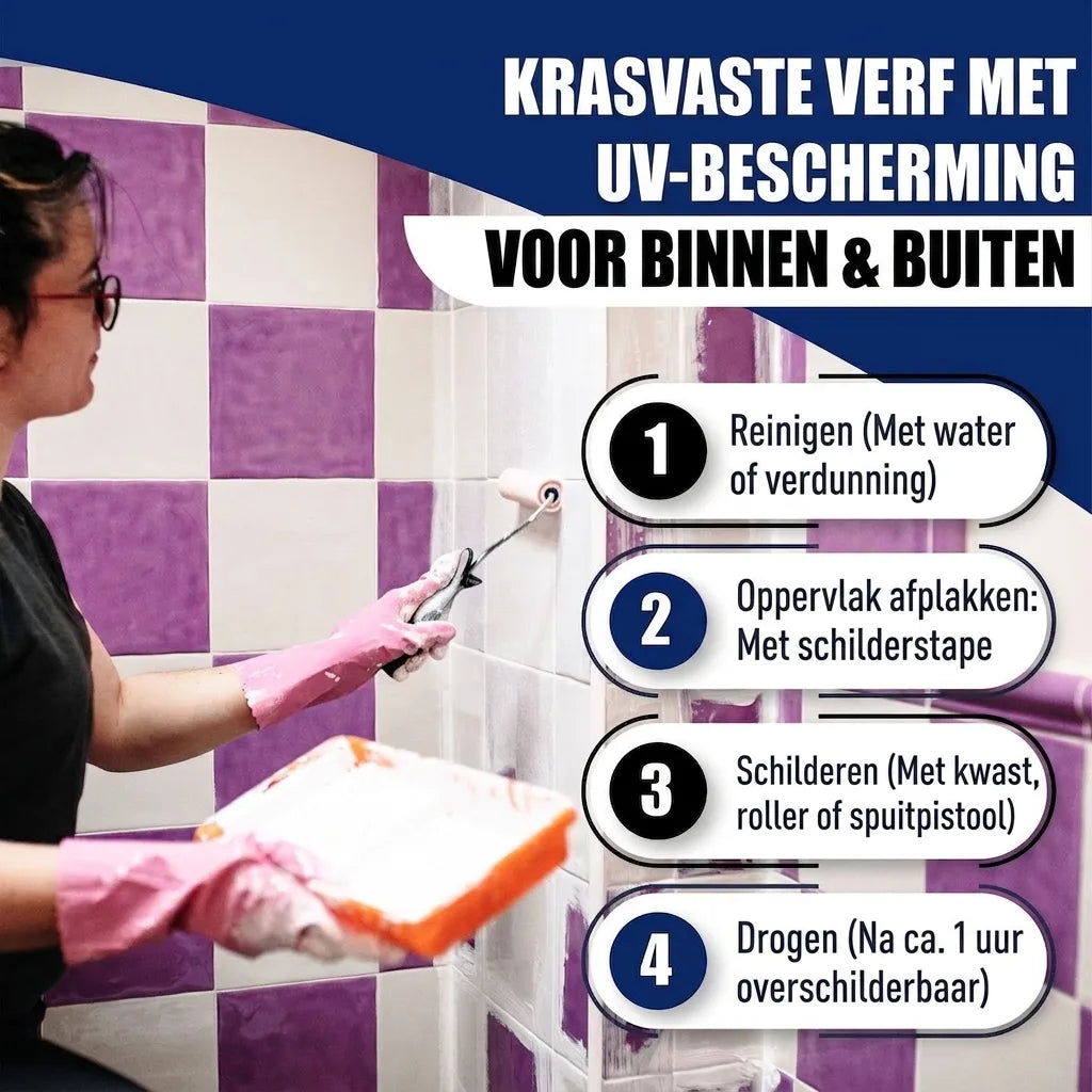 Krasbestendige verf met UV-bescherming voor binnen en buiten. 4 stappen: reinigen, afplakken, verven, drogen.