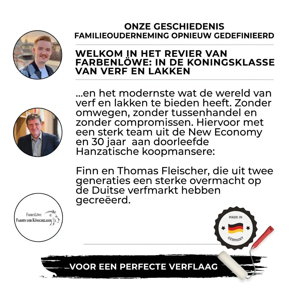 Advertentie van familiebedrijf Farbenlöwe met Finn en Thomas Fleischer; over hoogwaardige Duitse verf en lak.
