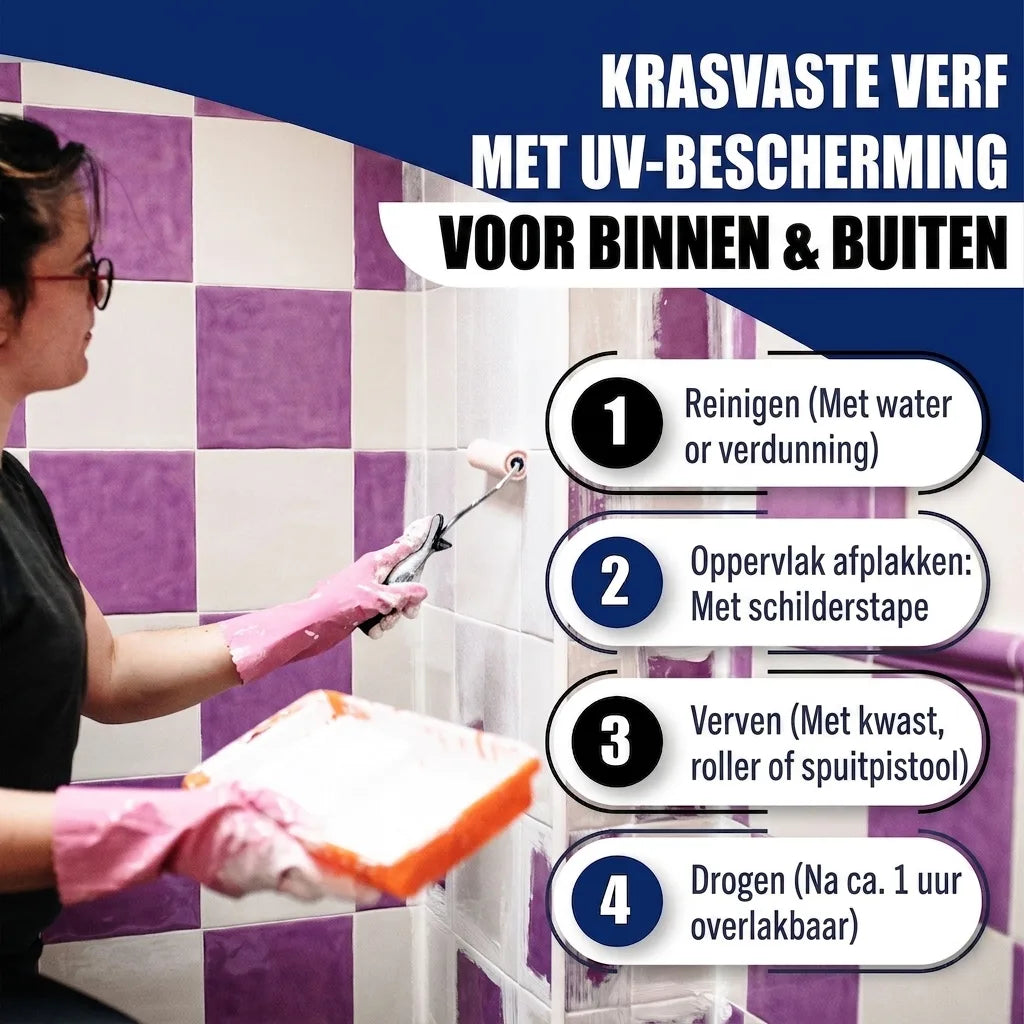 Krasbestendige verf met UV-bescherming voor binnen en buiten. 4 stappen: reinigen, afplakken, verven, drogen.