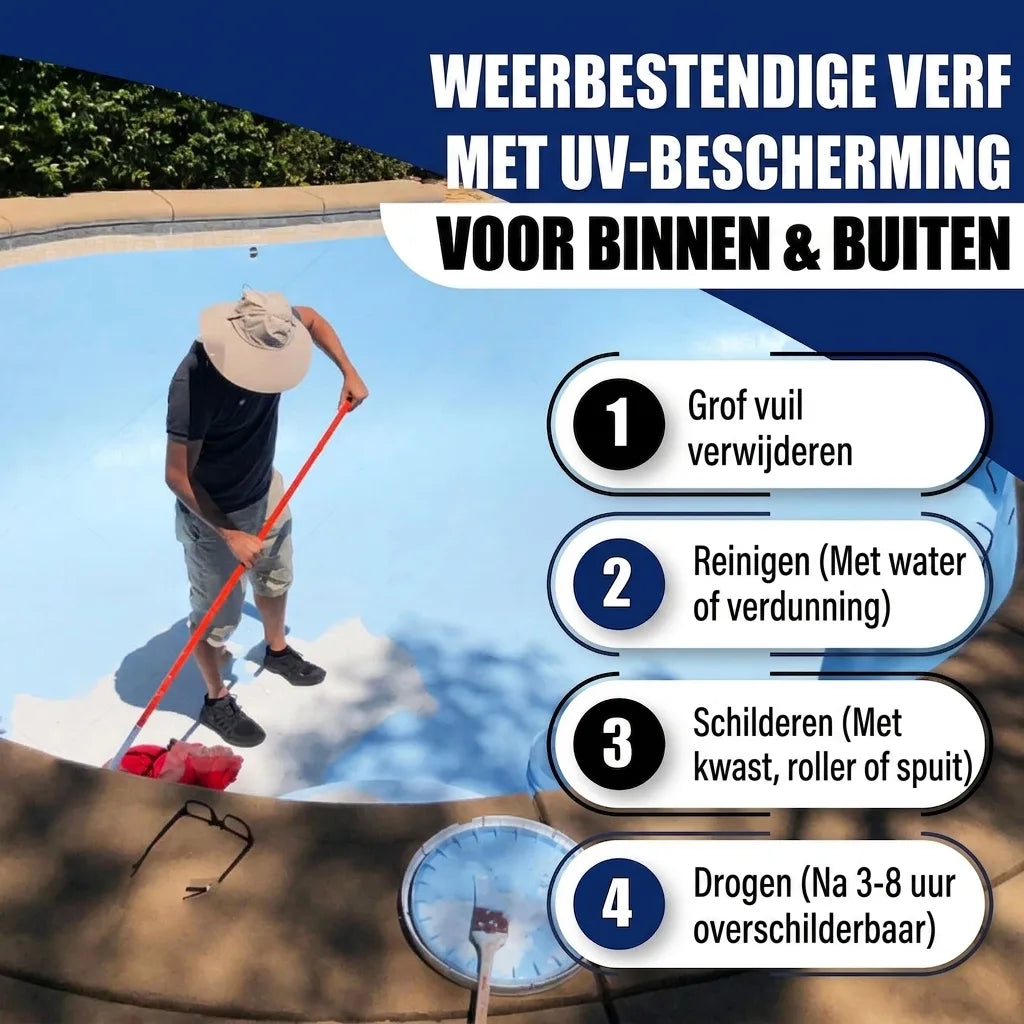 Weerbestendige verf met UV-bescherming voor binnen/buiten. Instructies: grof vuil verwijderen, reinigen, verven, drogen.