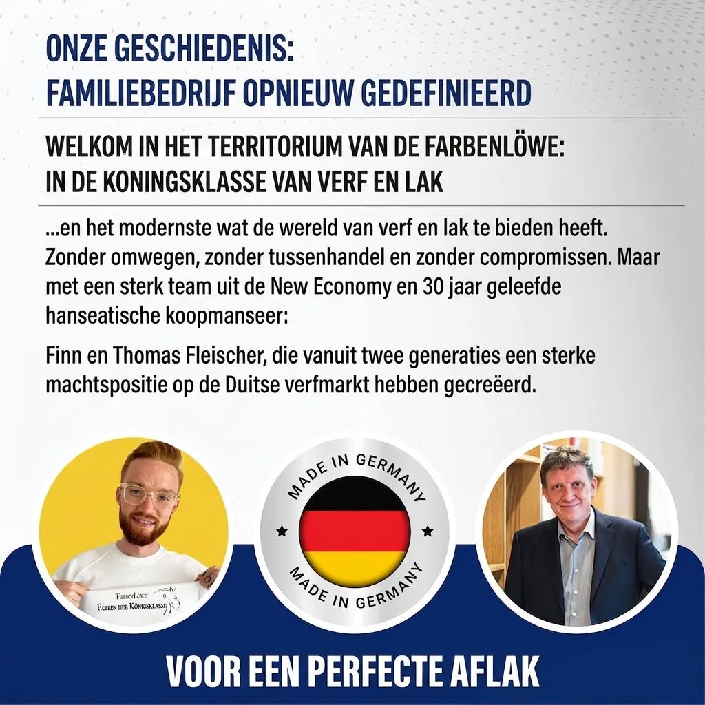 Duitse marketingafbeelding van familiebedrijf Farbenlöwe (verf & lakken) met Finn en Thomas Fleischer, 'Made in Germany'.
