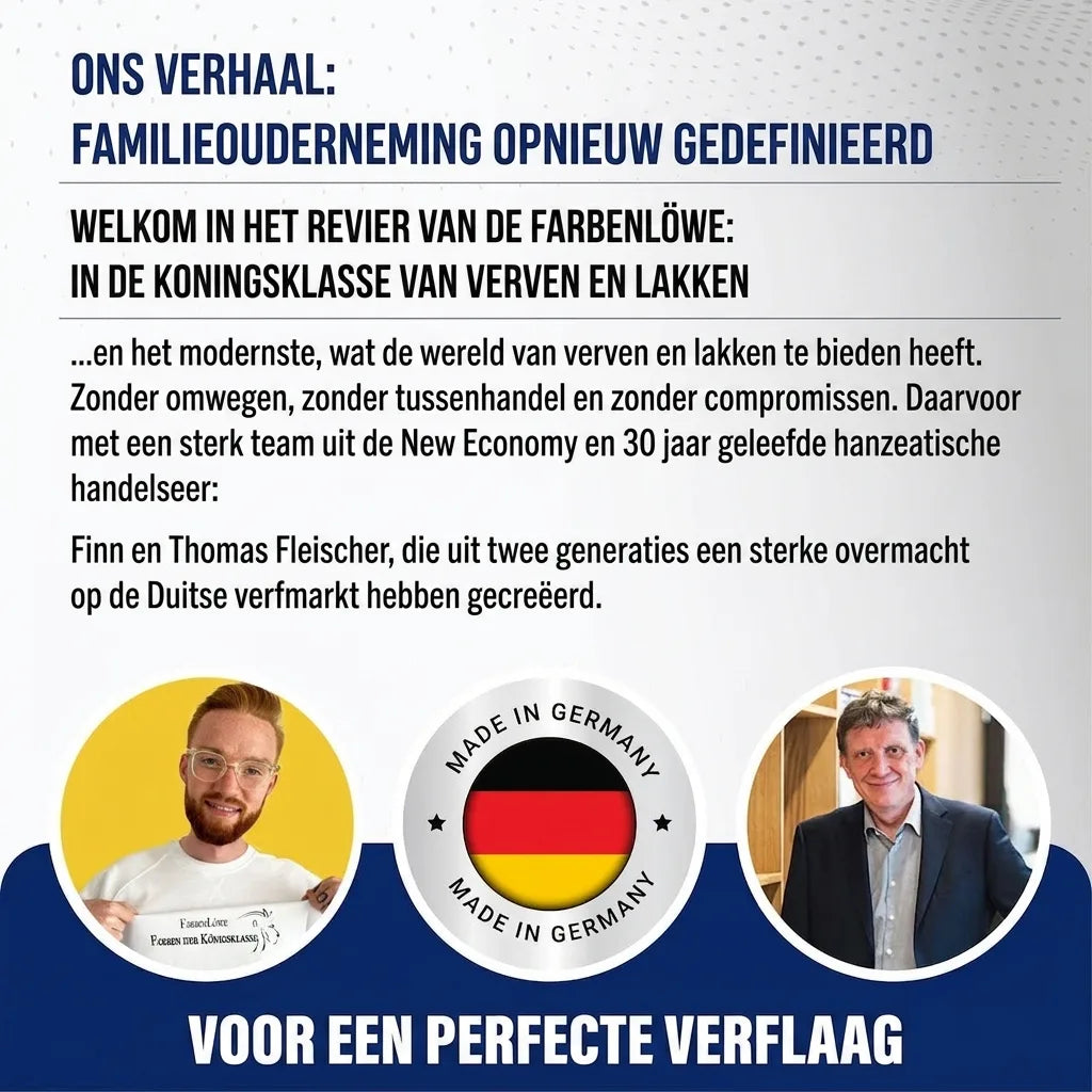 Finn en Thomas Fleischer, oprichters familiebedrijf. Duitse tekst over kwaliteitsverf & lak, Made in Germany.