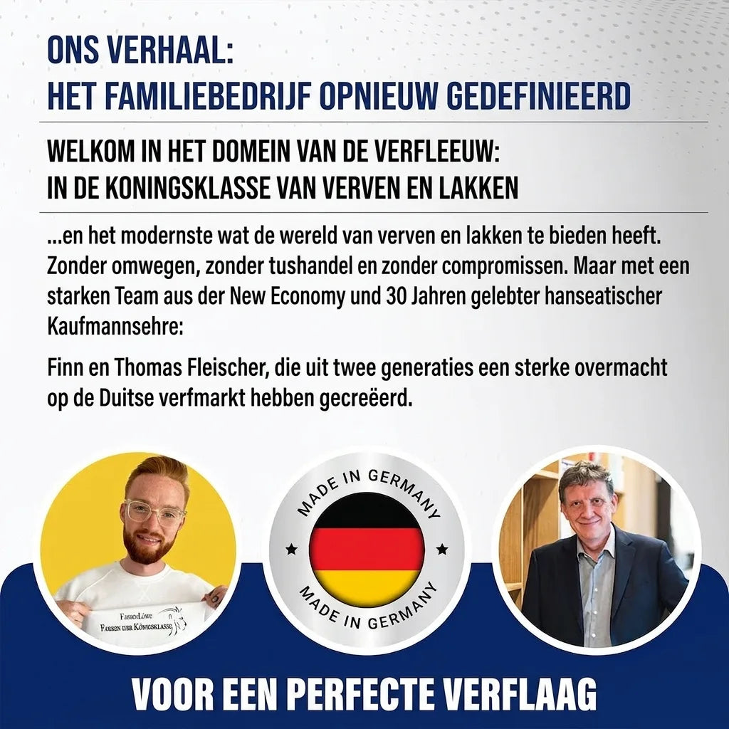 Duitse infographic: Familiebedrijf FarbenLöwe herdefinieerd, met oprichters Finn en Thomas Fleischer, 'Made in Germany'.