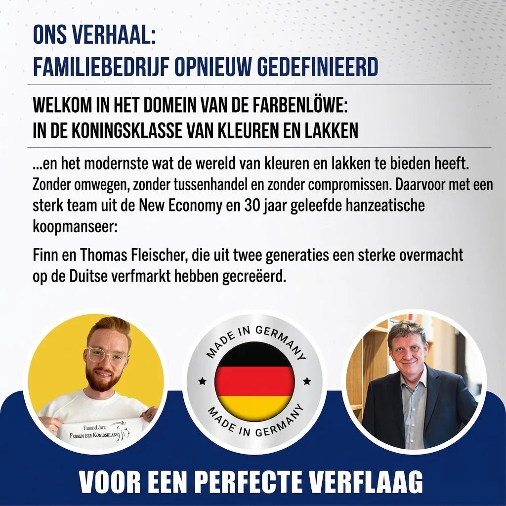 Duitse tekst over familiebedrijf in verf en lak van Finn en Thomas Fleischer, met 'Made in Germany' zegel.