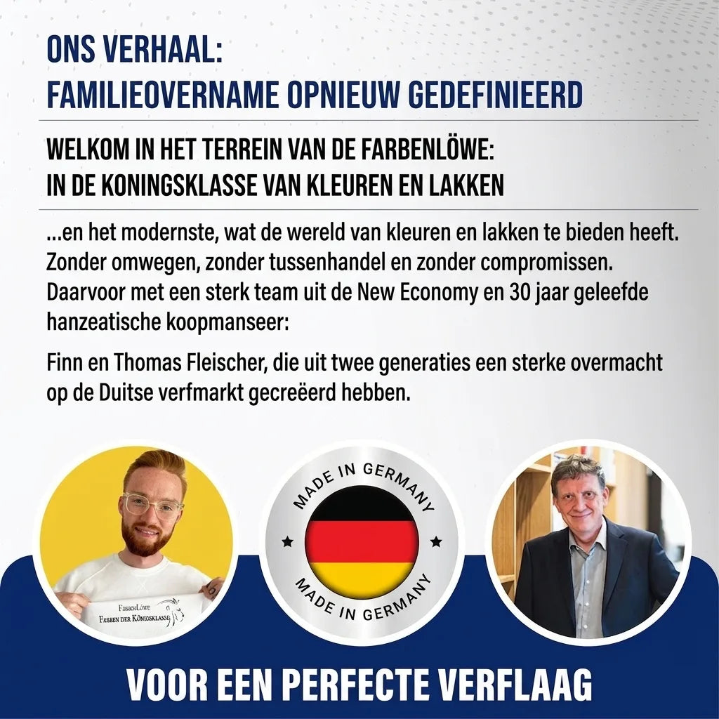Twee mannen presenteren Duits familiebedrijf voor verf en lak; focus op kwaliteit en 'Made in Germany'.