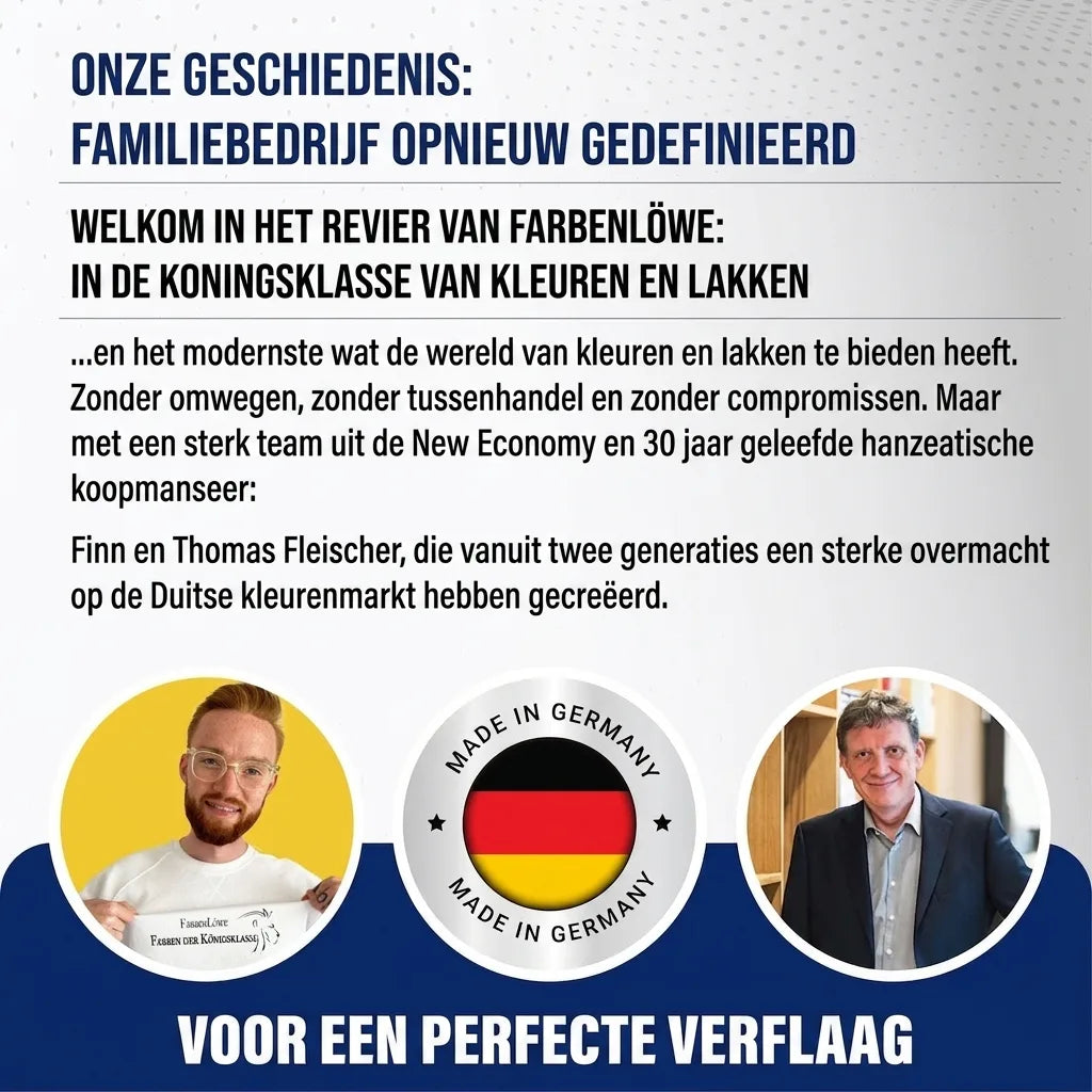 Farbenlöwe: Duits familiebedrijf, Finn en Thomas Fleischer, gespecialiseerd in premium verf en lak. Made in Germany.