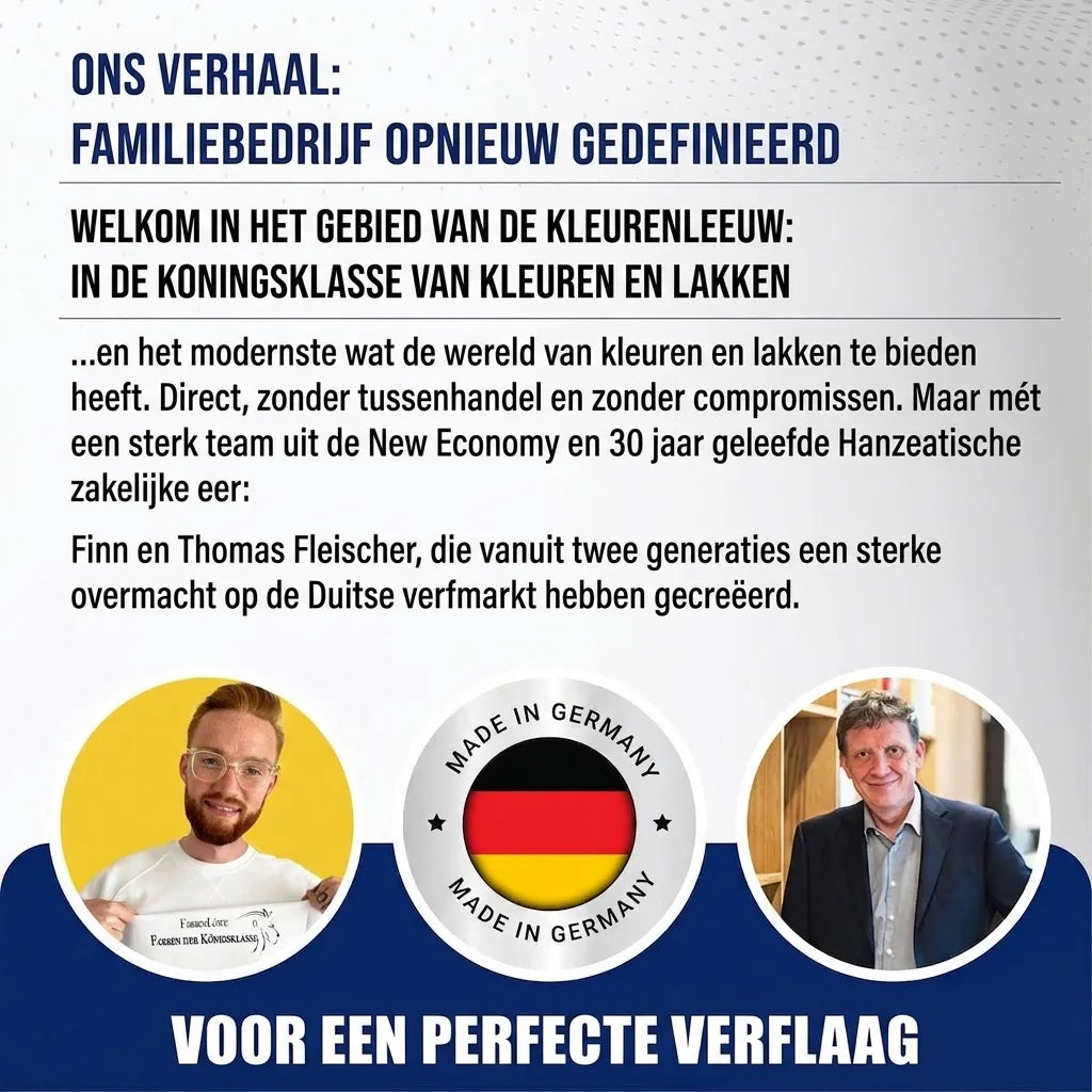 Duitse promotie voor Farbenlöwe, een familiebedrijf voor verf en lak. Toont oprichters en 'Made in Germany' kwaliteitslabel.