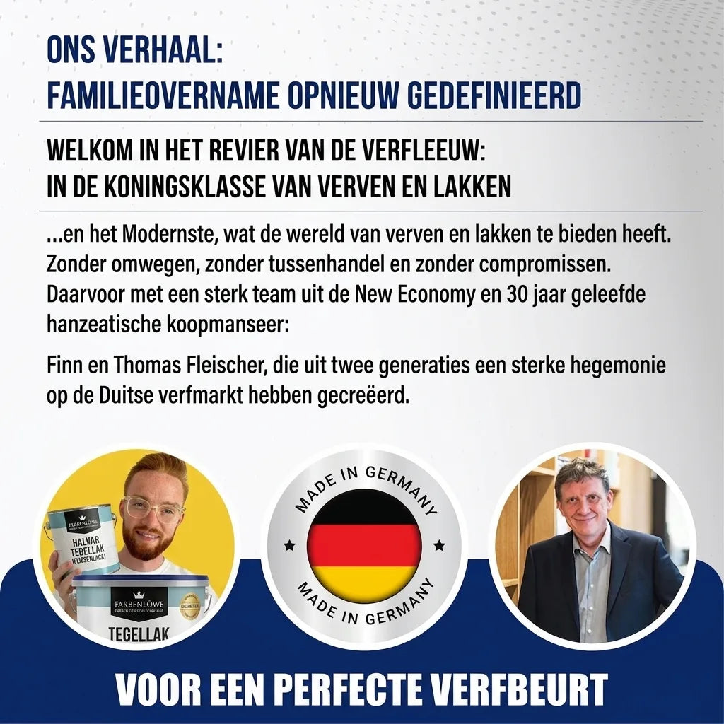 Duitse promotie voor Farbenlöwe, een familiebedrijf voor verf en lak. Toont oprichters en 'Made in Germany' kwaliteitslabel.