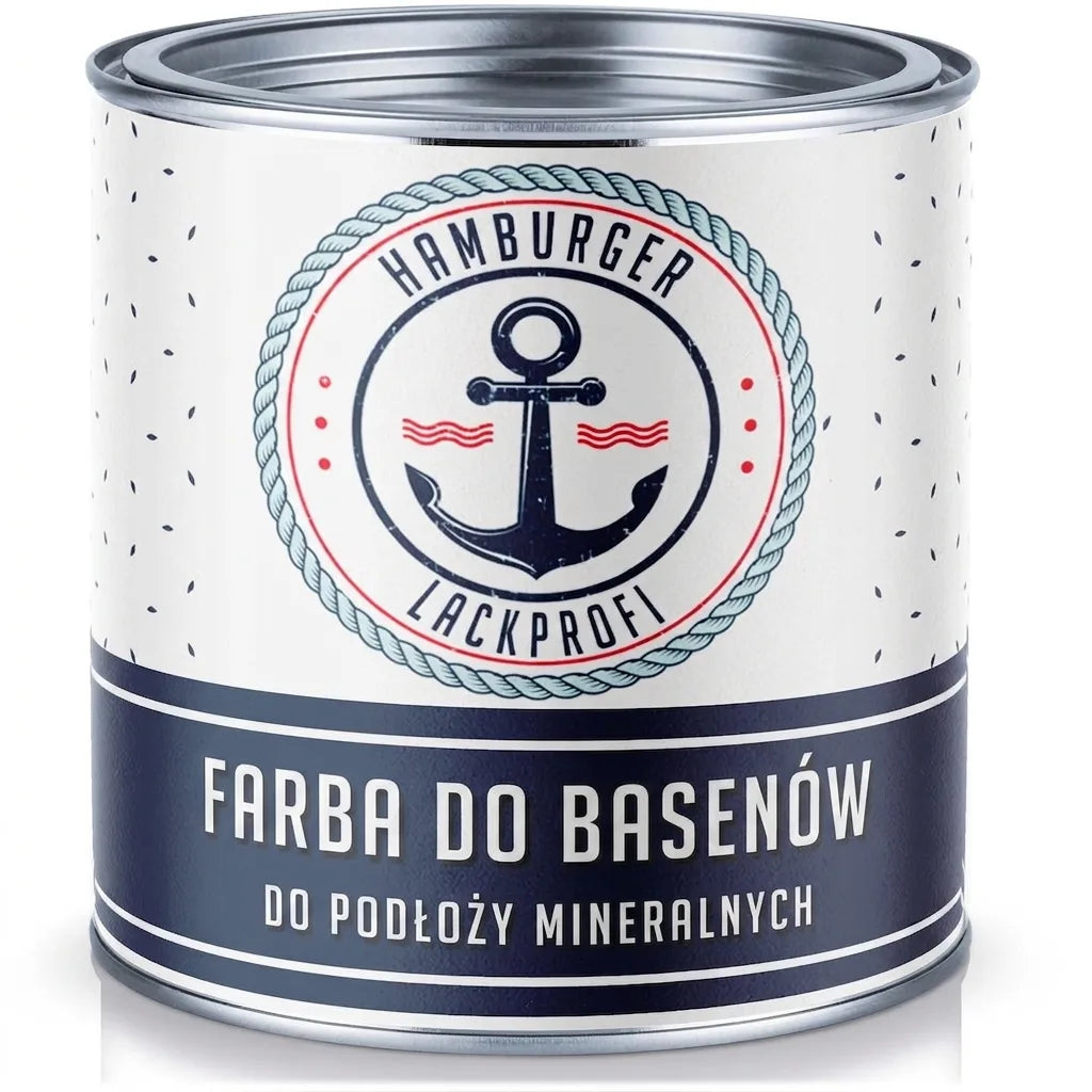 Puszka farby do basenu Hamburger Lackprofi, z logo kotwicy, przeznaczona do podłoży mineralnych.