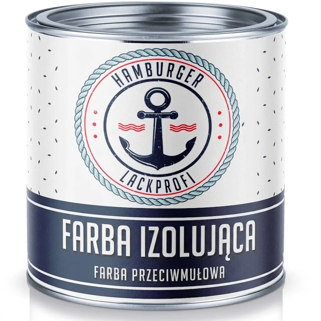 Puszka farby izolacyjnej i przeciwpleśniowej Hamburger Lackprofi z logo kotwicy i fal.