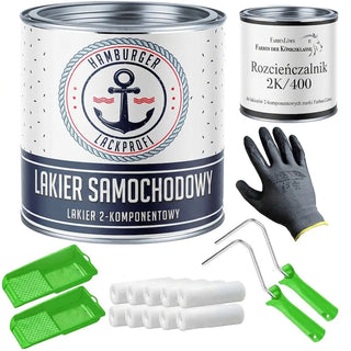 Lakier samochodowy 2k w kompletnym zestawie do malowania samochodu / przyczepy kempingowej z wałkiem malarskim i rozcieńczalnikiem - Hamburger Lack-Profi