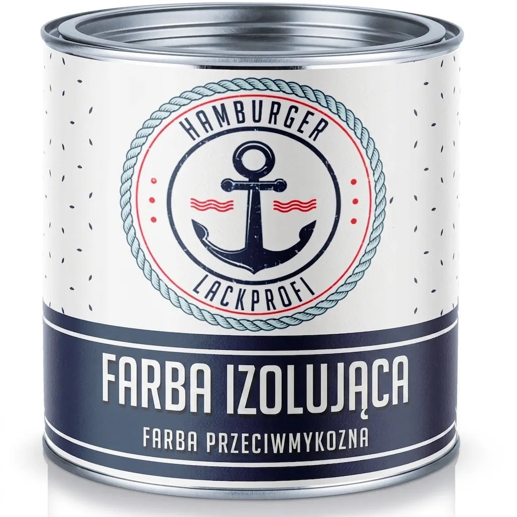 Puszka farby izolacyjnej i przeciwpleśniowej Hamburger Lackprofi z logo kotwicy i fal.