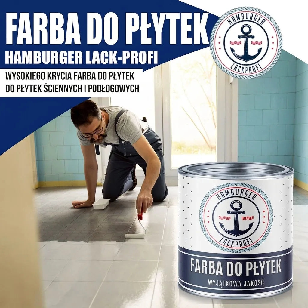 Mężczyzna maluje podłogę w łazience lakierem do płytek Hamburger Lack-Profi. Widoczna puszka, produkt do płytek ściennych i podłogowych.