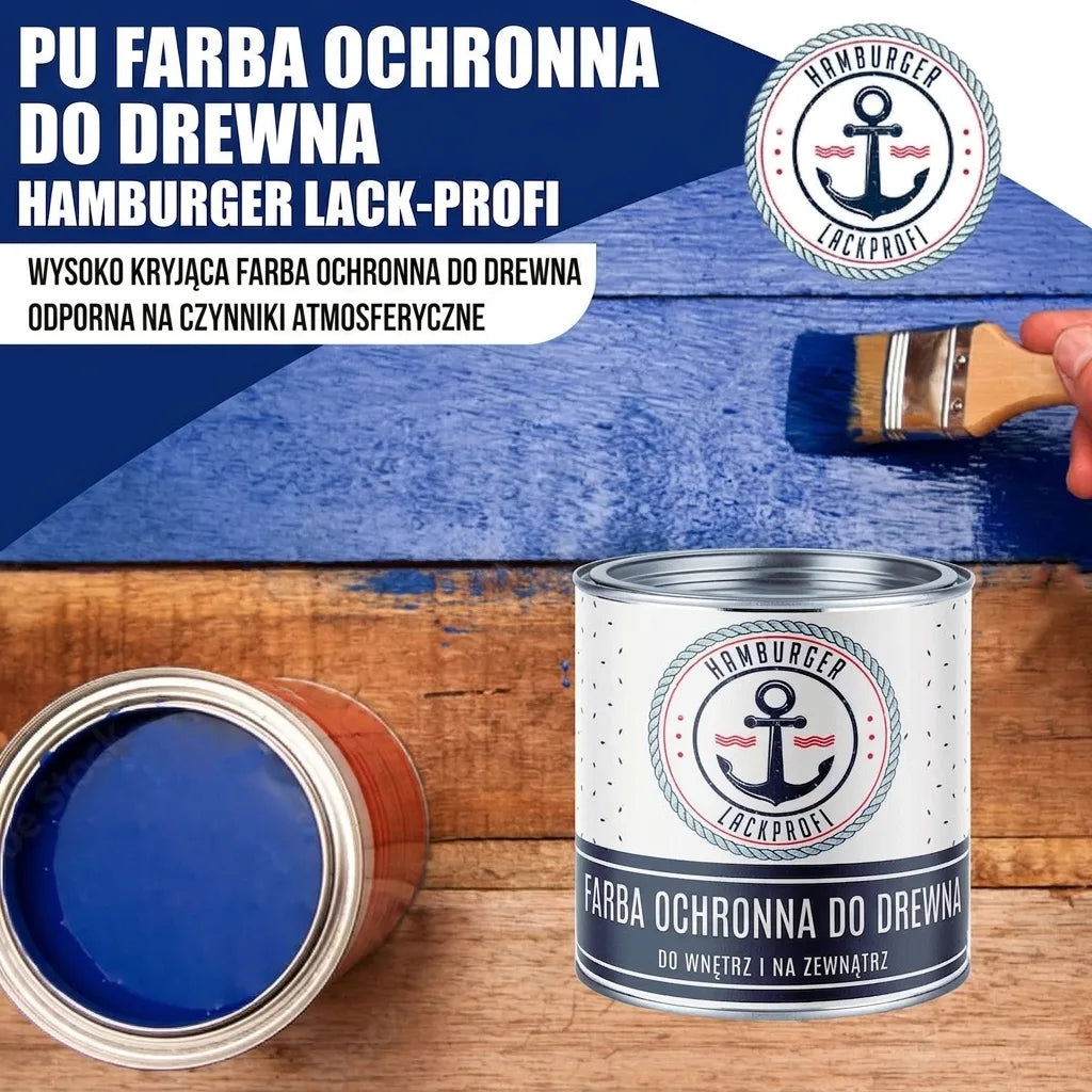 Niebieska farba do drewna Hamburger Lack-Profi, wysoce kryjąca, odporna na warunki pogodowe, do wewnątrz i na zewnątrz.