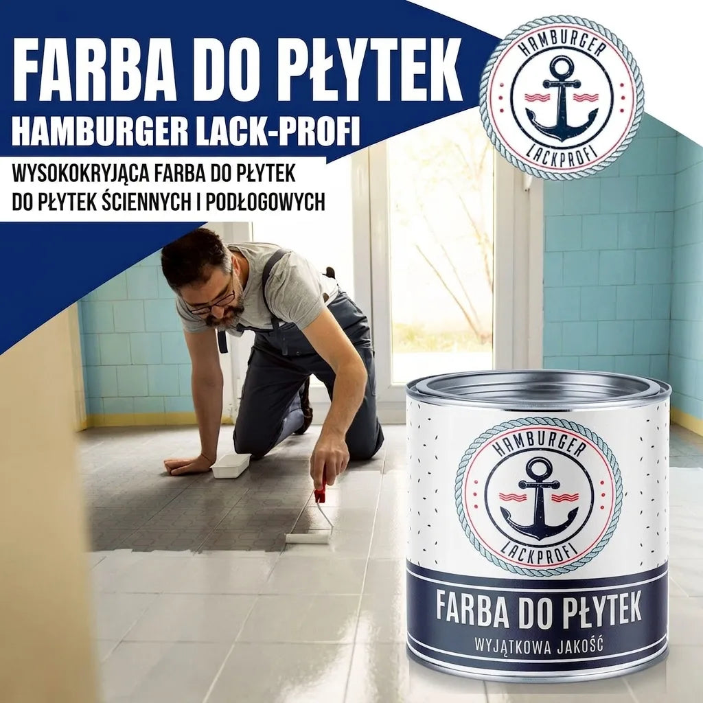 Mężczyzna maluje płytki podłogowe. Reklama farby do płytek Hamburger Lack-Profi, wysokokryjąca, do ścian i podłóg.