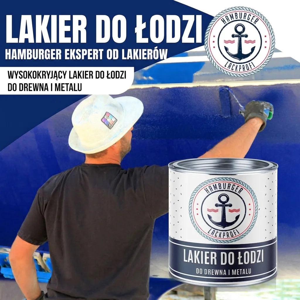 Mężczyzna maluje łódź niebieską farbą do łodzi Hamburger Lack-Profi. Farba do drewna i metalu.