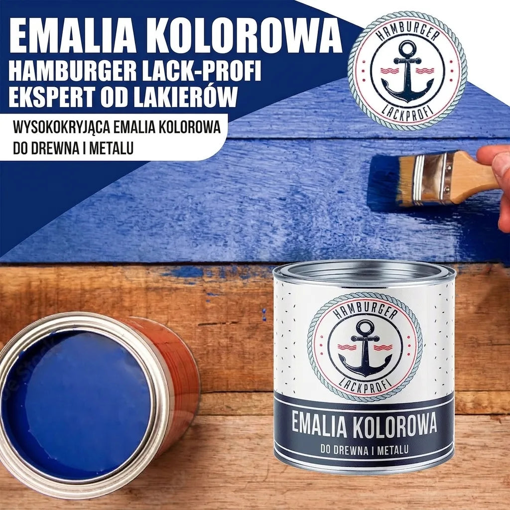 Niebieska farba Hamburger Lack-Profi (emalia wysokokryjąca) do drewna i metalu. Puszka i malowanie pędzlem.