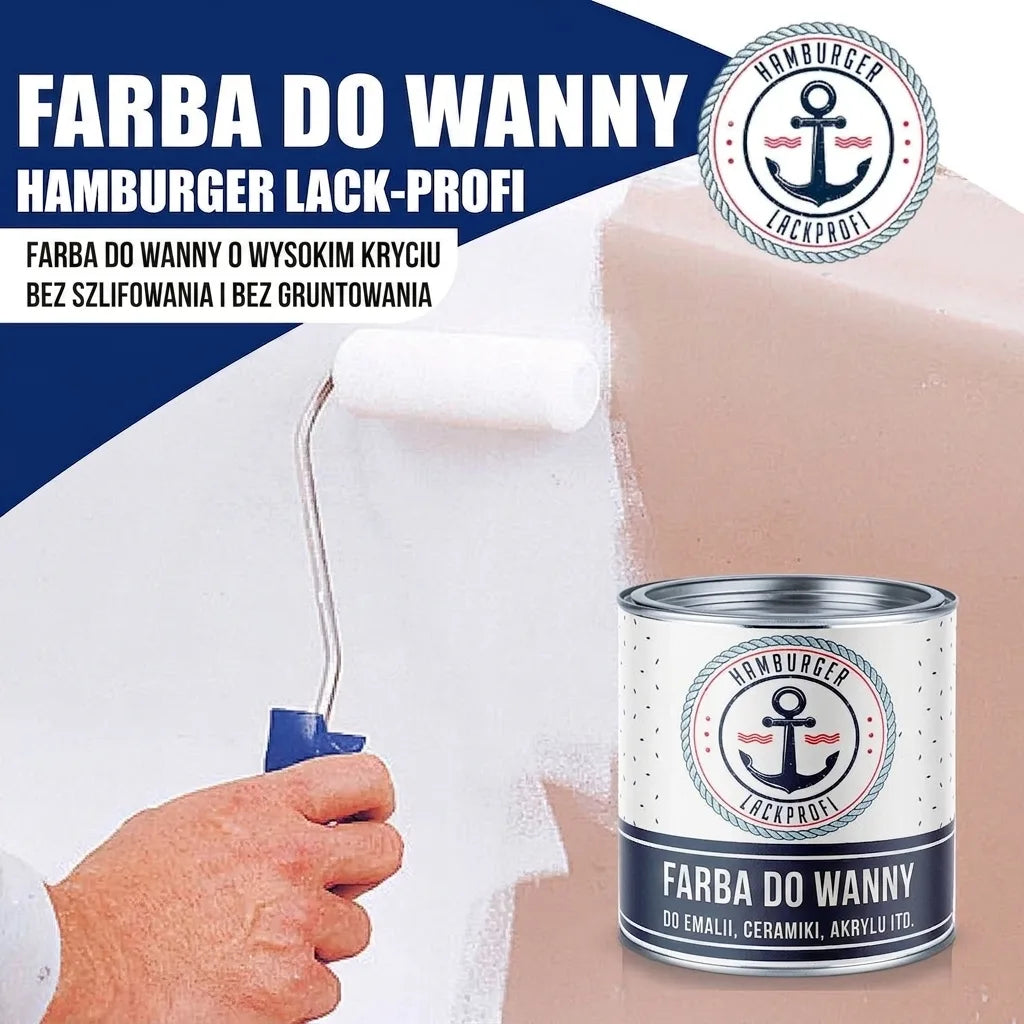 Mężczyzna maluje wannę na biało wałkiem. Puszka farby 'Hamburger Lack-Profi' do wanien ceramicznych, emaliowanych.