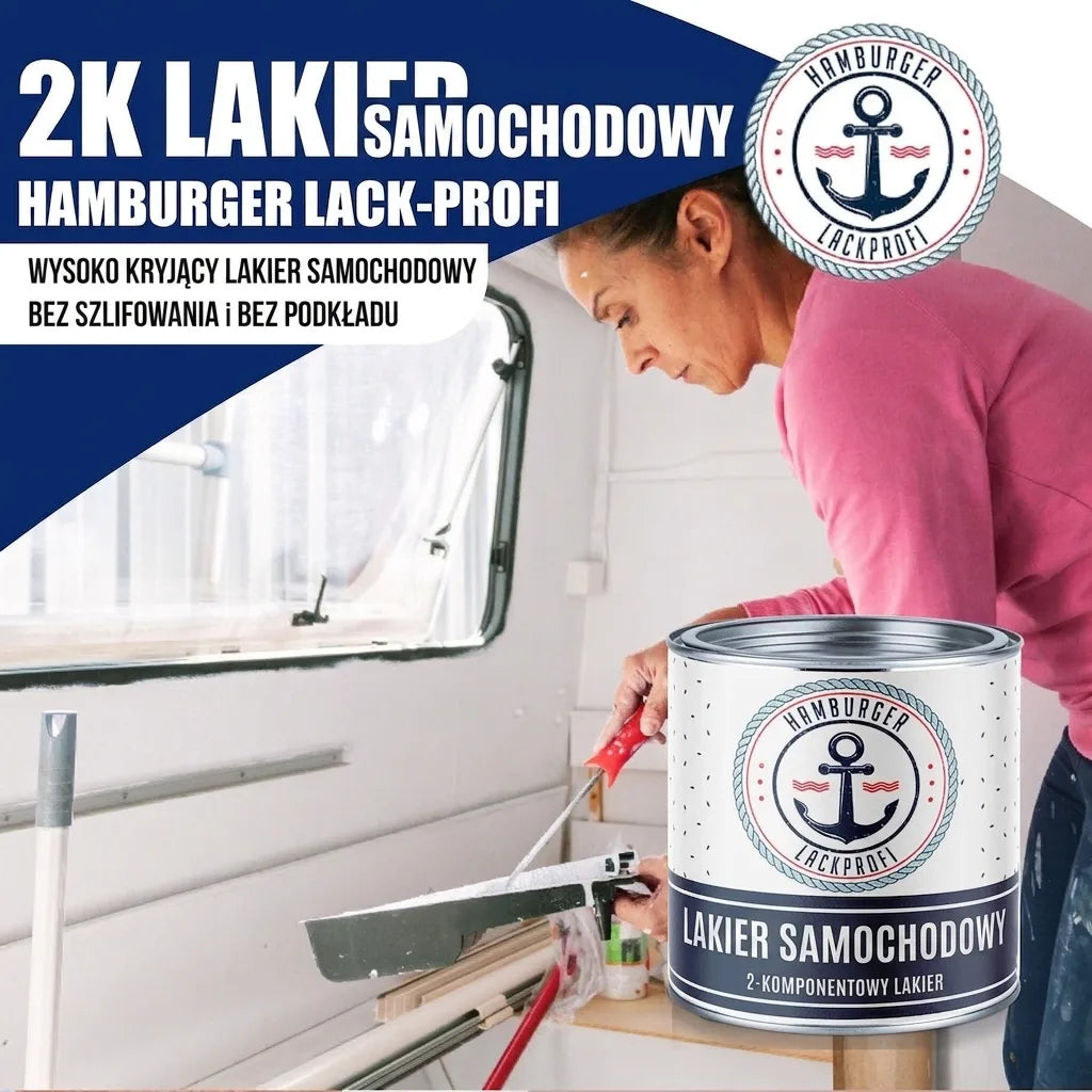 Dwuskładnikowy lakier samochodowy 2K Hamburger Lack-Profi do malowania wnętrz kamperów, bez szlifowania i gruntowania.