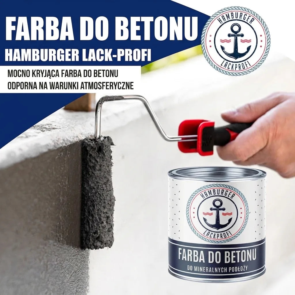Puszka farby Hamburger Lack-Profi do betonu. Ręka maluje beton szarą farbą. Prominentny niemiecki tekst o produkcie.