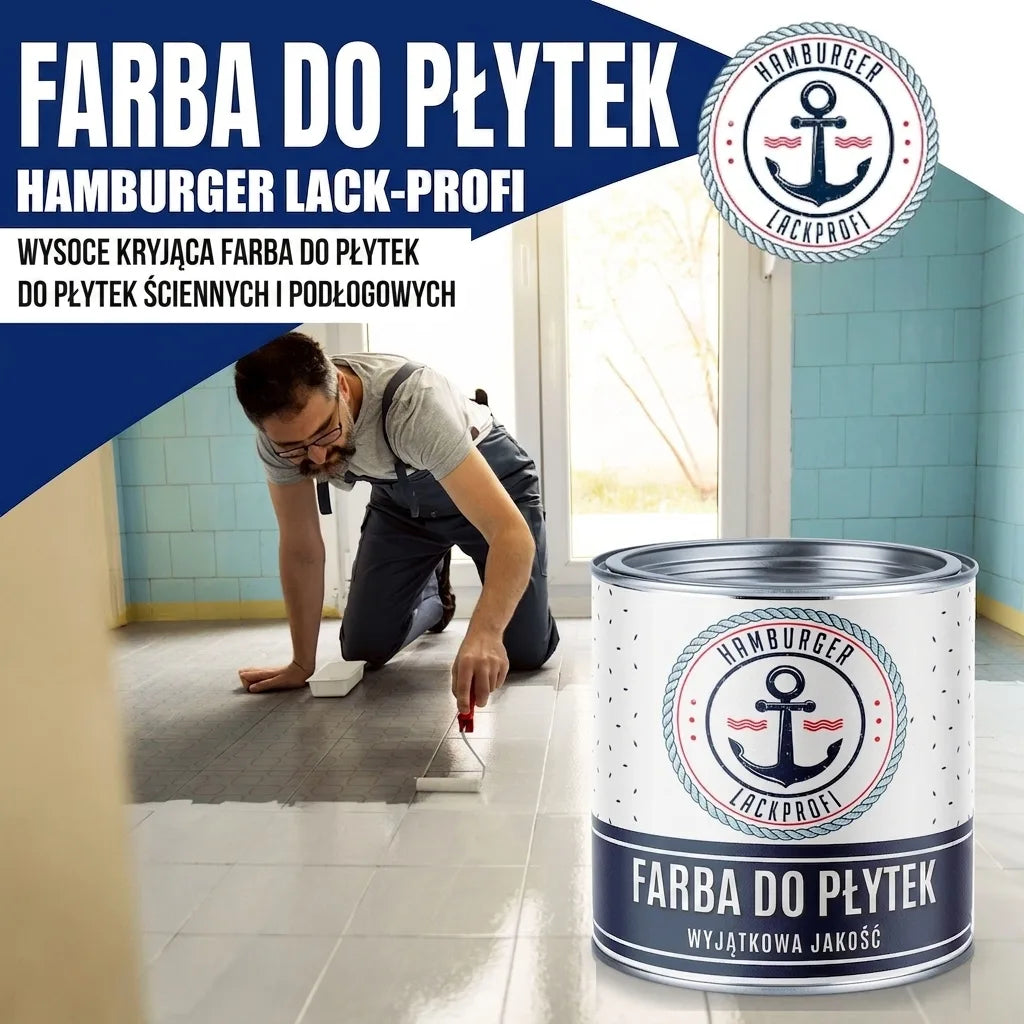 Mężczyzna maluje płytki podłogowe. Reklama farby do płytek Hamburger Lack-Profi, wysokokryjąca, do ścian i podłóg.
