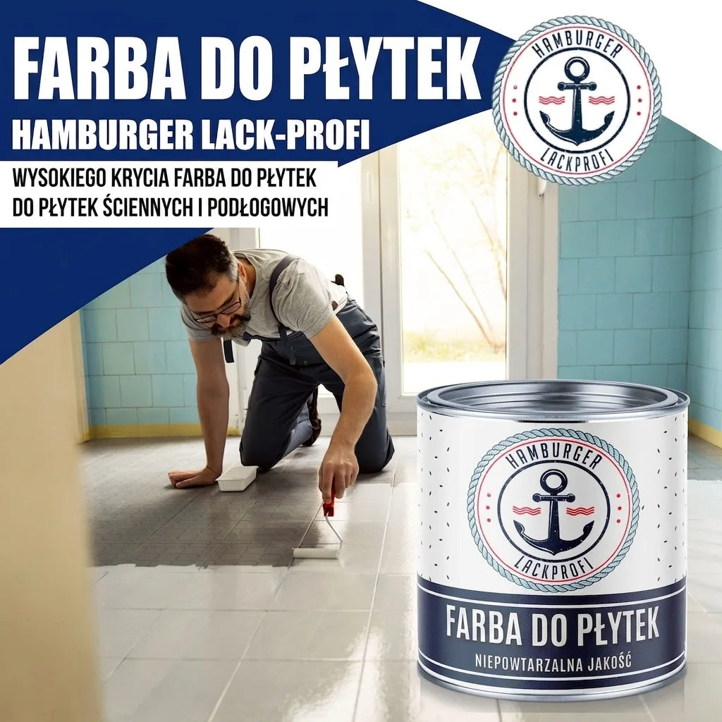 Mężczyzna maluje podłogę w łazience lakierem do płytek Hamburger Lack-Profi. Widoczna puszka, produkt do płytek ściennych i podłogowych.