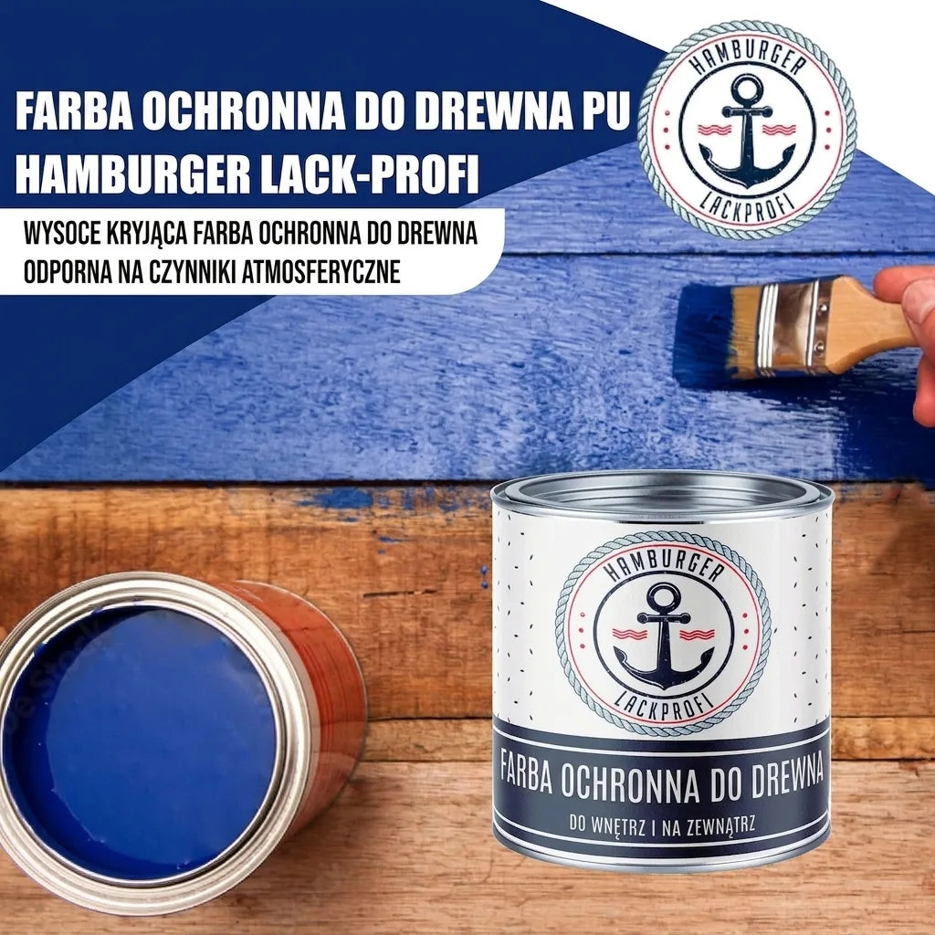 Niebieska farba do drewna PU Hamburger Lack-Profi. Malowanie drewna, farba kryjąca, odporna na pogodę.