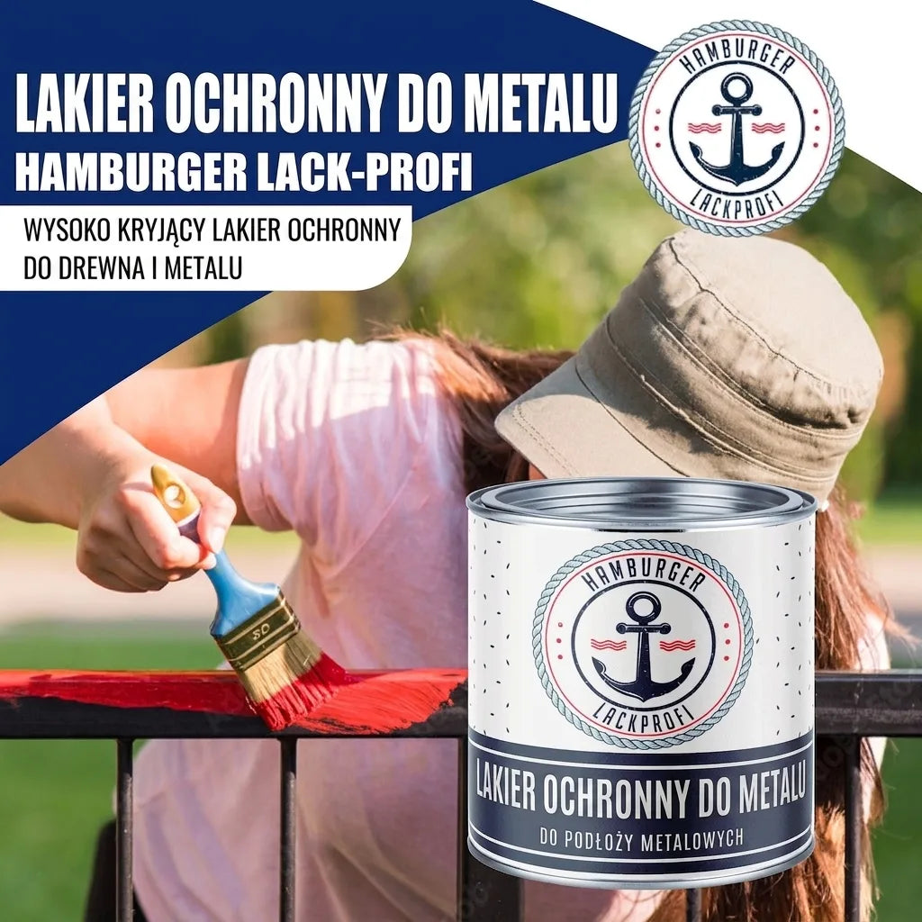 Puszka lakieru ochronnego do metalu Hamburger Lack-Profi i malowanie czerwonego ogrodzenia. Lakier do drewna i metalu.