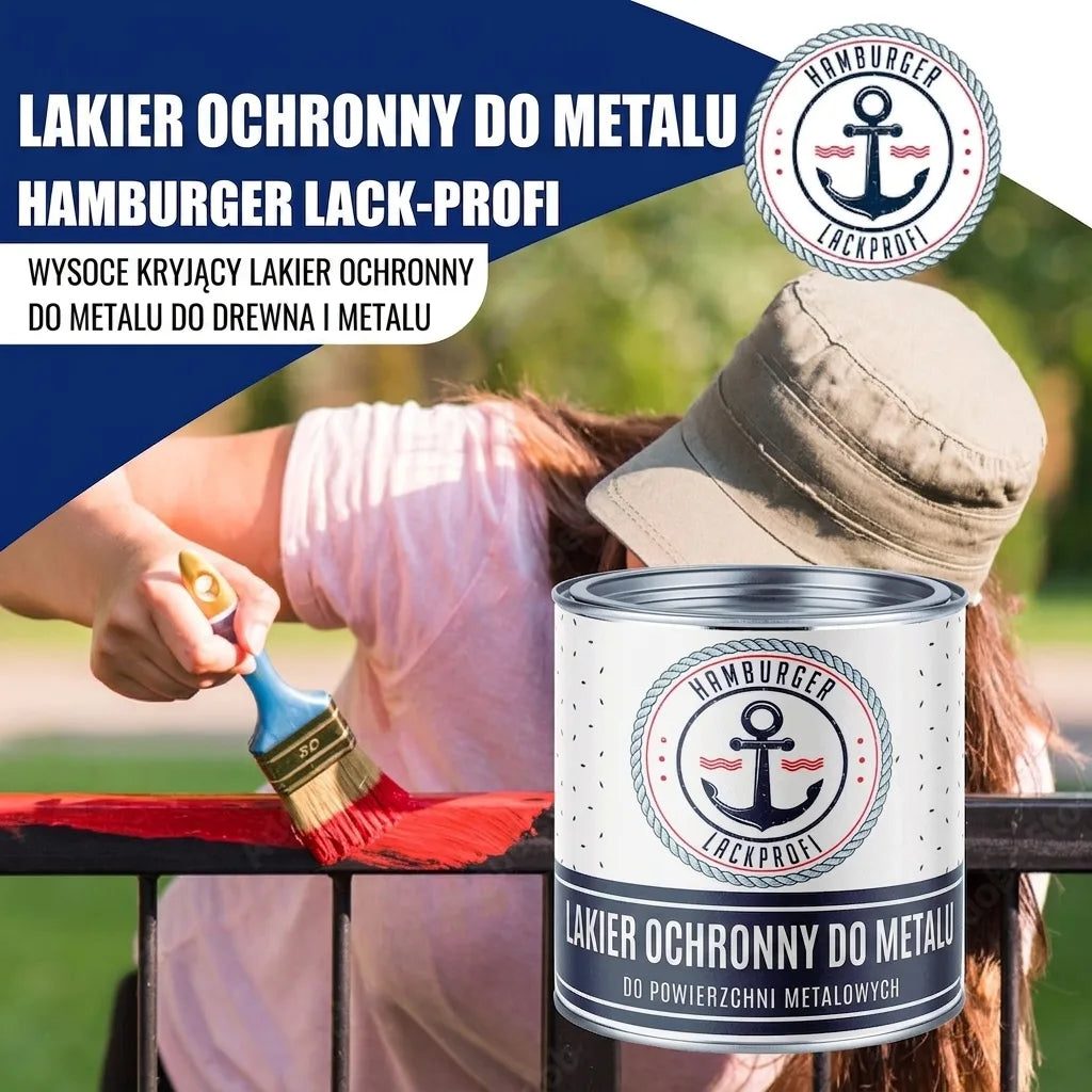 Kobieta malująca czerwoną barierkę lakierem Hamburger Lack-Profi. Wysokiej jakości lakier do drewna i metalu.