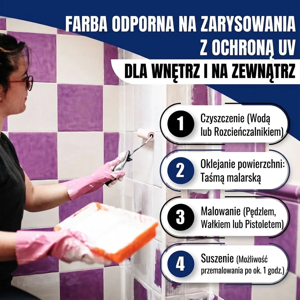 Kobieta maluje płytki. Odporna na zarysowania farba UV do wnętrz i na zewnątrz. Instrukcja użycia farby.