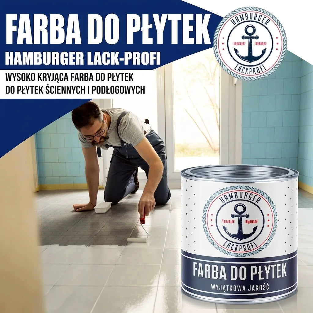 Mężczyzna maluje płytki na podłodze. Widoczna puszka z napisem „Fliesenlack” i logo „Hamburger Lack-Profi”.