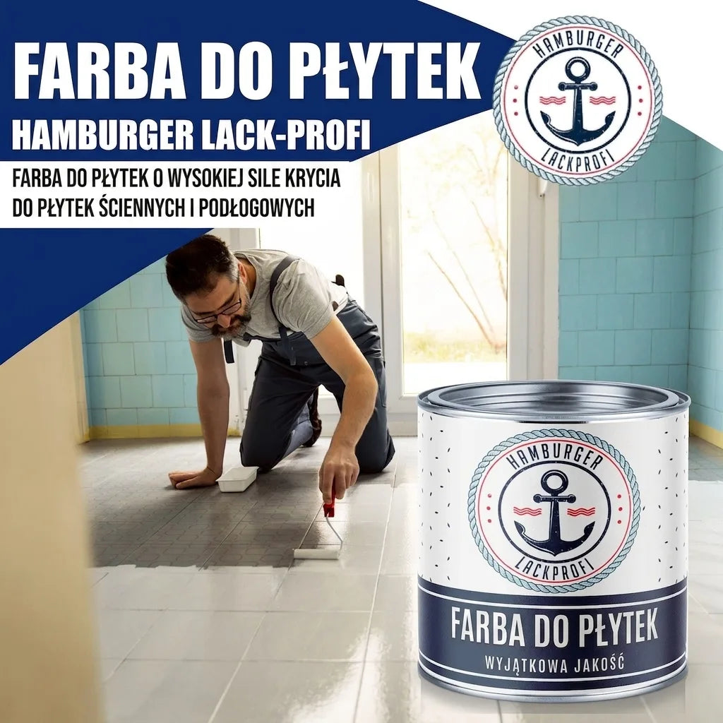 Mężczyzna maluje płytki farbą Hamburger Lack-Profi. Wysokokryjący lakier do płytek ściennych i podłogowych.