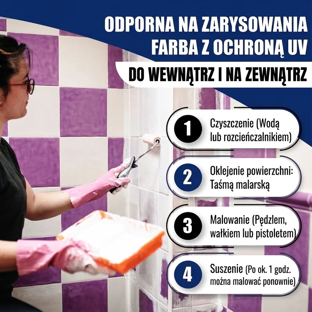 Kobieta maluje płytki farbą odporną na zarysowania i UV do wewnątrz/zewnątrz. Instrukcje: czyść, oklej, maluj, susz.
