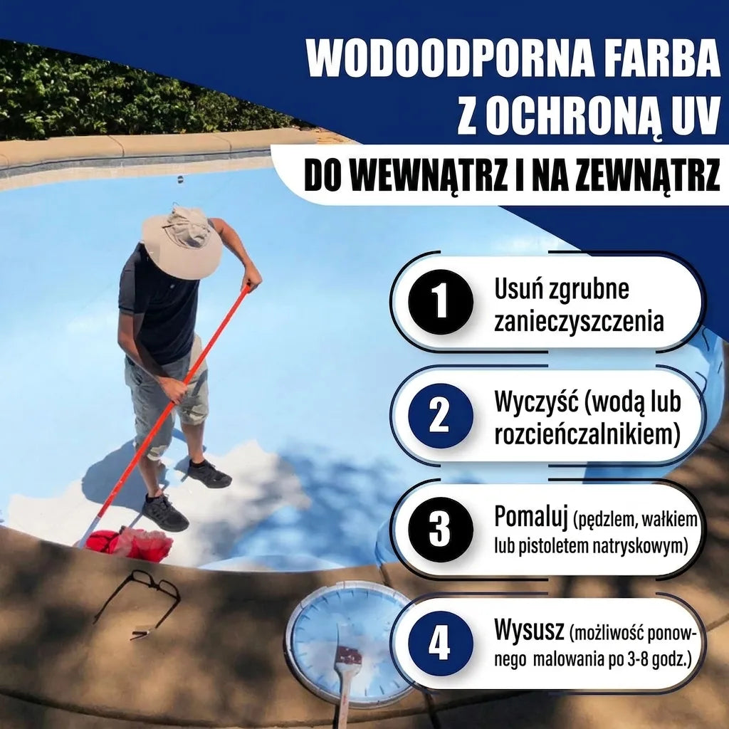 Farba basenowa UV do wnętrz/zewnątrz. Odporna na warunki atmosferyczne. Instrukcja aplikacji w 4 krokach.