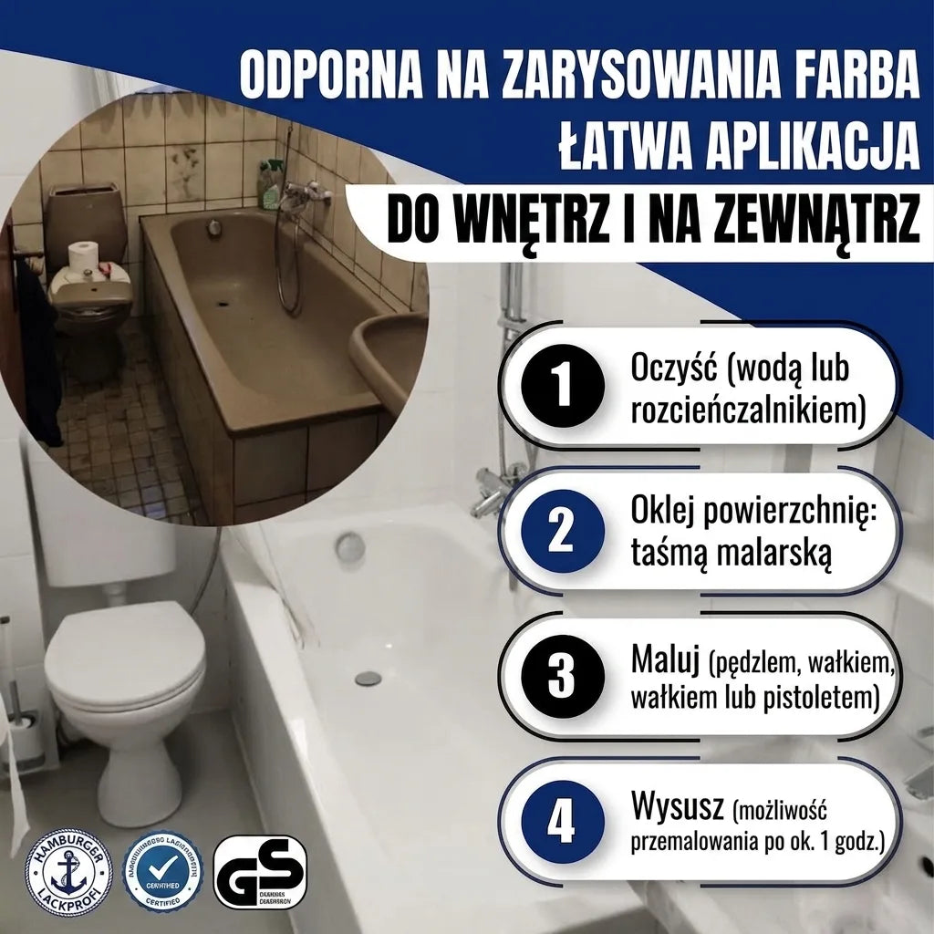 Łazienka przed i po malowaniu wanny, instrukcja użycia farby do renowacji powierzchni.
