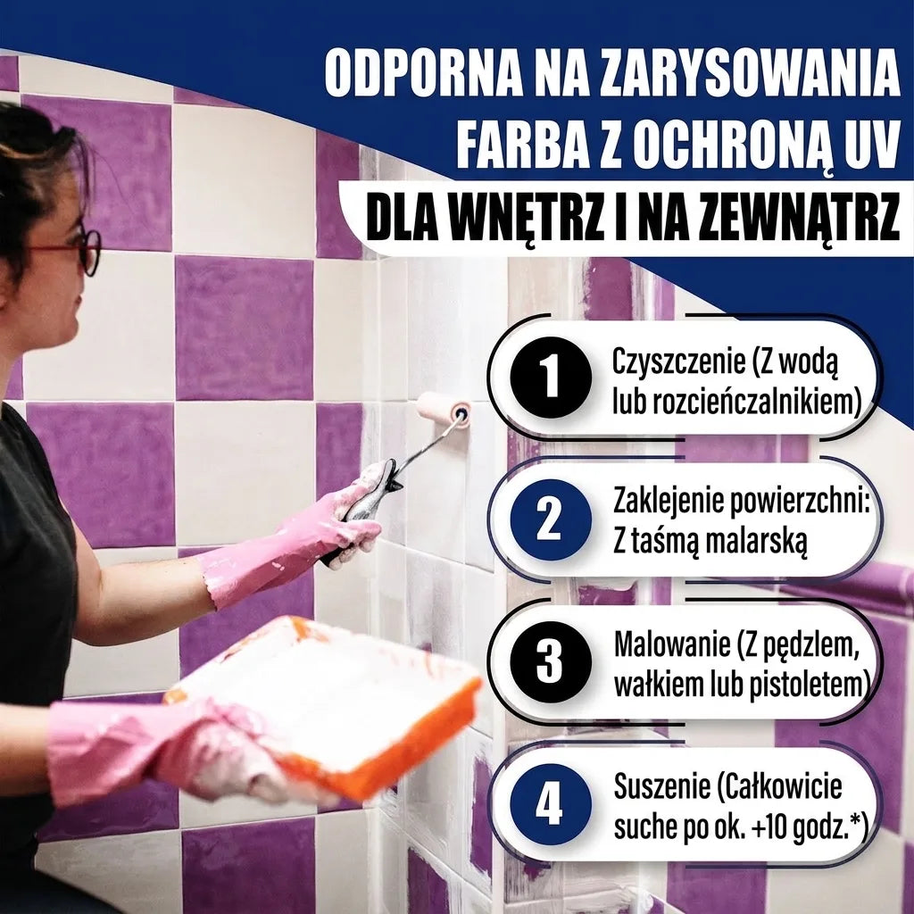 Odporna na zarysowania farba z ochroną UV do wnętrz i na zewnątrz. Instrukcja malowania płytek krok po kroku.