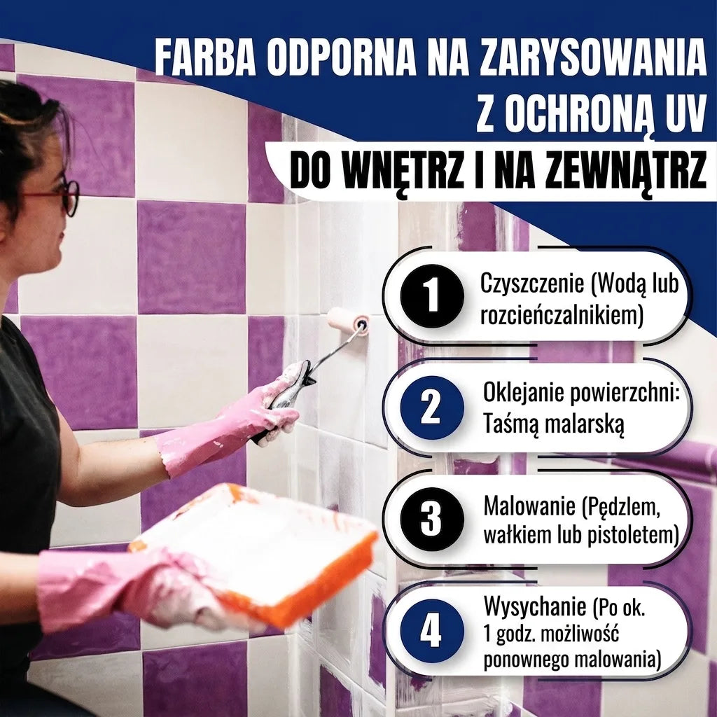 Farba odporna na zarysowania z ochroną UV, do wnętrz i na zewnątrz. Kobieta maluje płytki. Instrukcja.