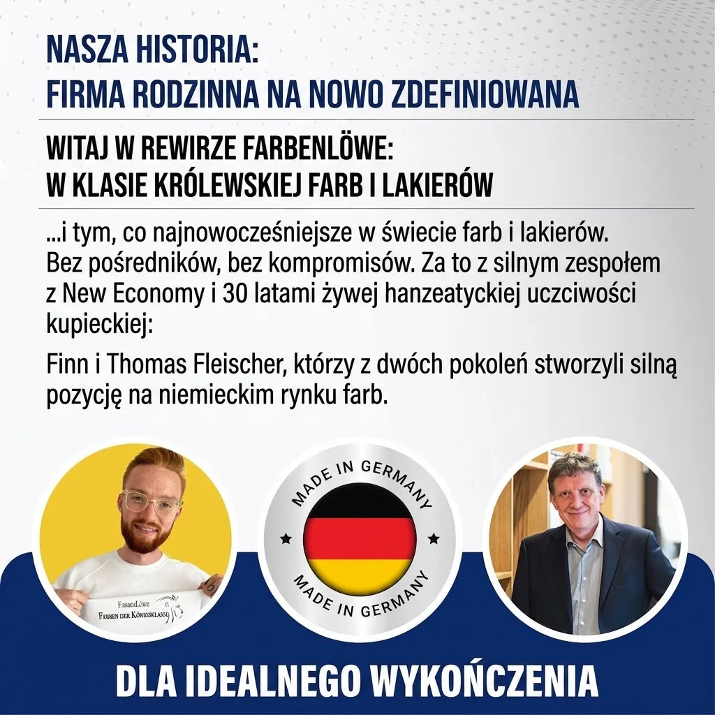 FarbLöwe: Dwóch mężczyzn, tekst o rodzinnej firmie i farbach premium Made in Germany.