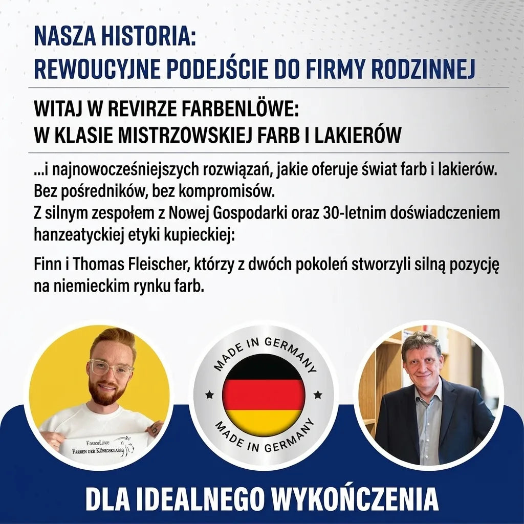 Grafika o Farbenlöwe, rodzinnej firmie redefiniującej rynek farb i lakierów. Dwóch mężczyzn, "Made in Germany".