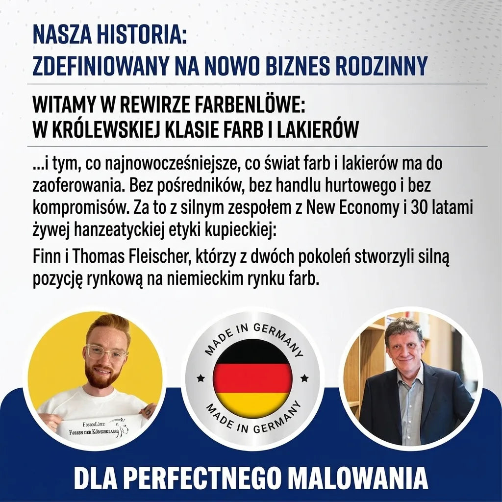 Farbenlöwe: rodzinna firma redefiniuje farby i lakiery. Wizerunki założycieli, pieczęć Made in Germany.