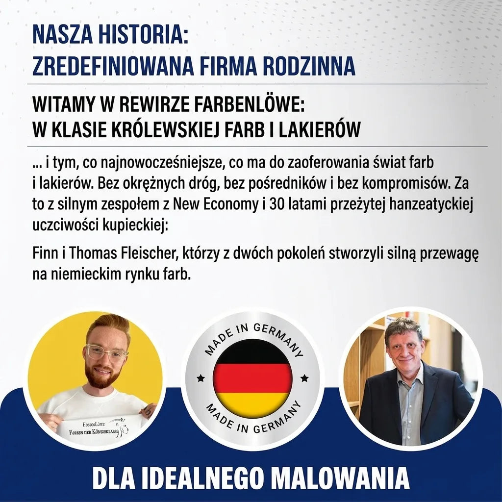 Historia niemieckiej firmy rodzinnej Farbenlöwe, lidera farb i lakierów, z założycielami i etykietą Made in Germany.