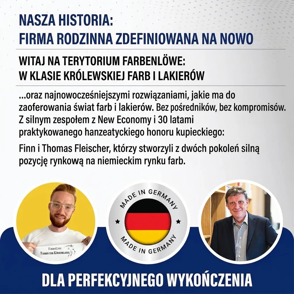 Dwaj mężczyźni, Finn i Thomas Fleischer, prezentujący niemieckie farby i lakiery premium marki Farbenlöwe, wyprodukowane w Niemczech.